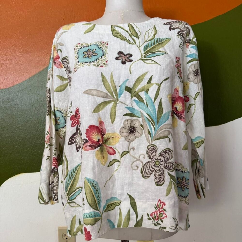 Hot Cotton Linen Floral Beige Top Sz L 3/4" lagenlook relaxed lightwight coastal